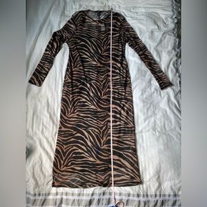 Black and brown tiger print sheer midi dress with sleeves